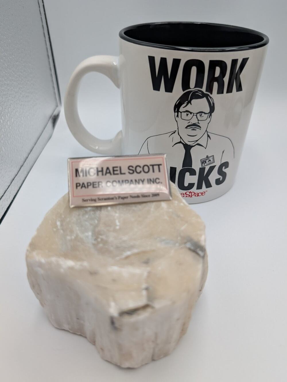 Office Space Peter Gibbons "Work Sucks" Mug 20 oz Michael Scott Pin Curated SET